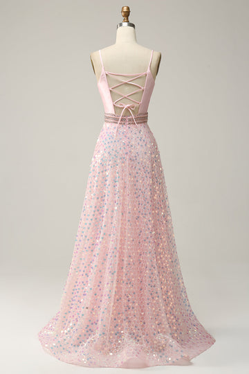 A Line Spaghetti Straps Pink Long Ball Dress with Beading